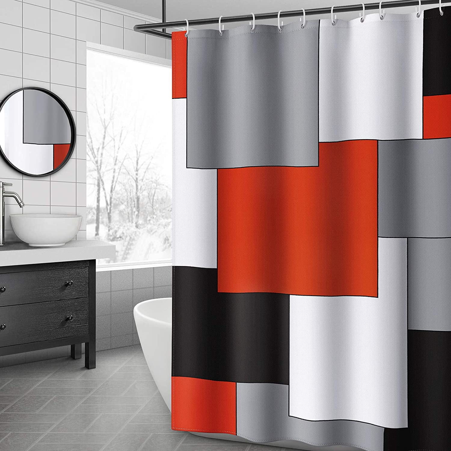 Woman Shadow on Gray Waterproof Fabric & 12 Hooks Shower Curtain Bathroom Mat 