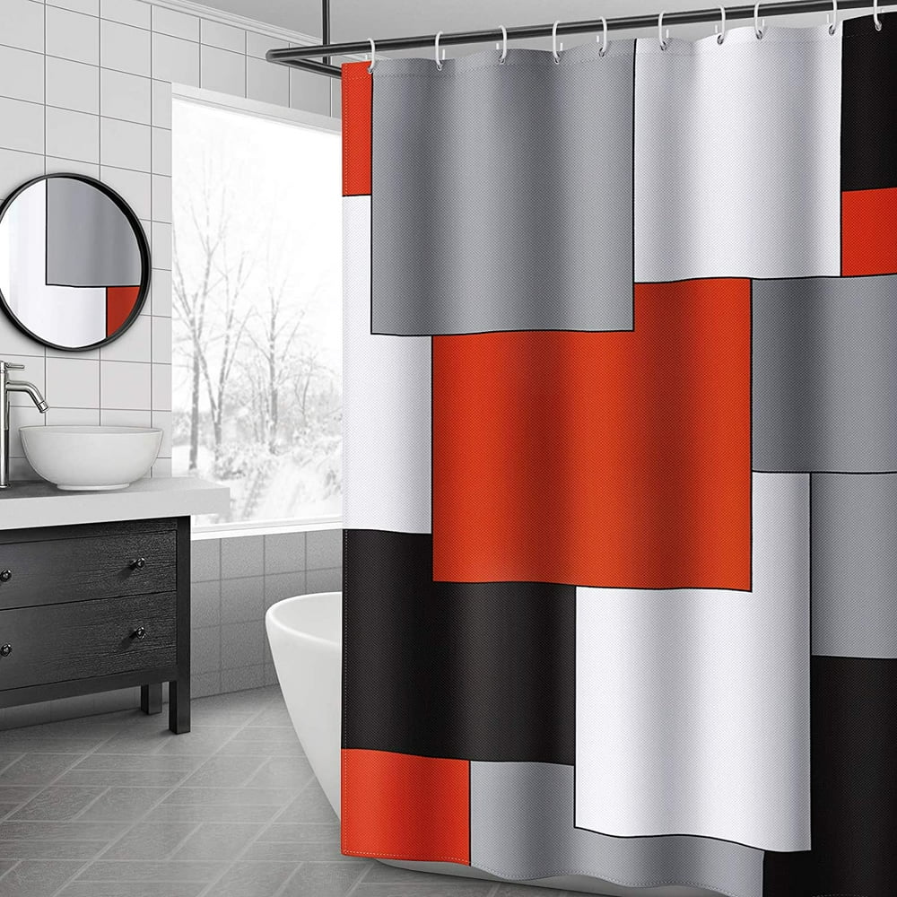 Mid Century Modern Shower Curtain Red Bathroom Accessories Black and