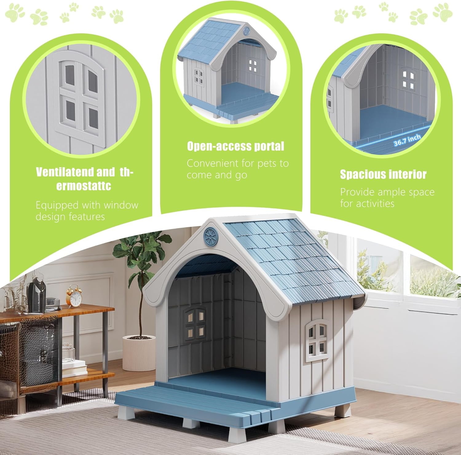 Outdoor Pet House with Elevated Platform, Weatherproof Plastic Pet Shelter for Medium Pets