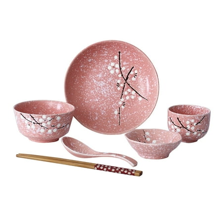 

6pcs Japanese Style Ceramic Tableware Set Household Cutlery Creative Ceramic Dinnerware Set (Pink)