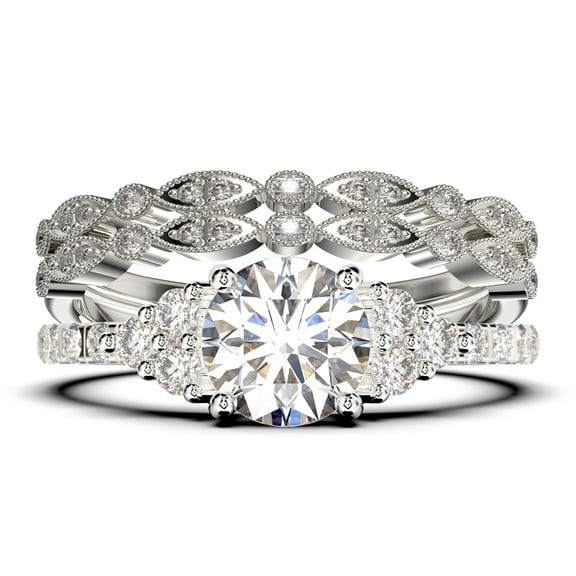 Beautiful Mid-century 2.25 Carat Round Cut Diamond Moissanite Engagement Ring, Wedding Ring in 925 Sterling Silver With 18k White Gold Plating, 7 Stone Ring, Trio Set, Matching Band