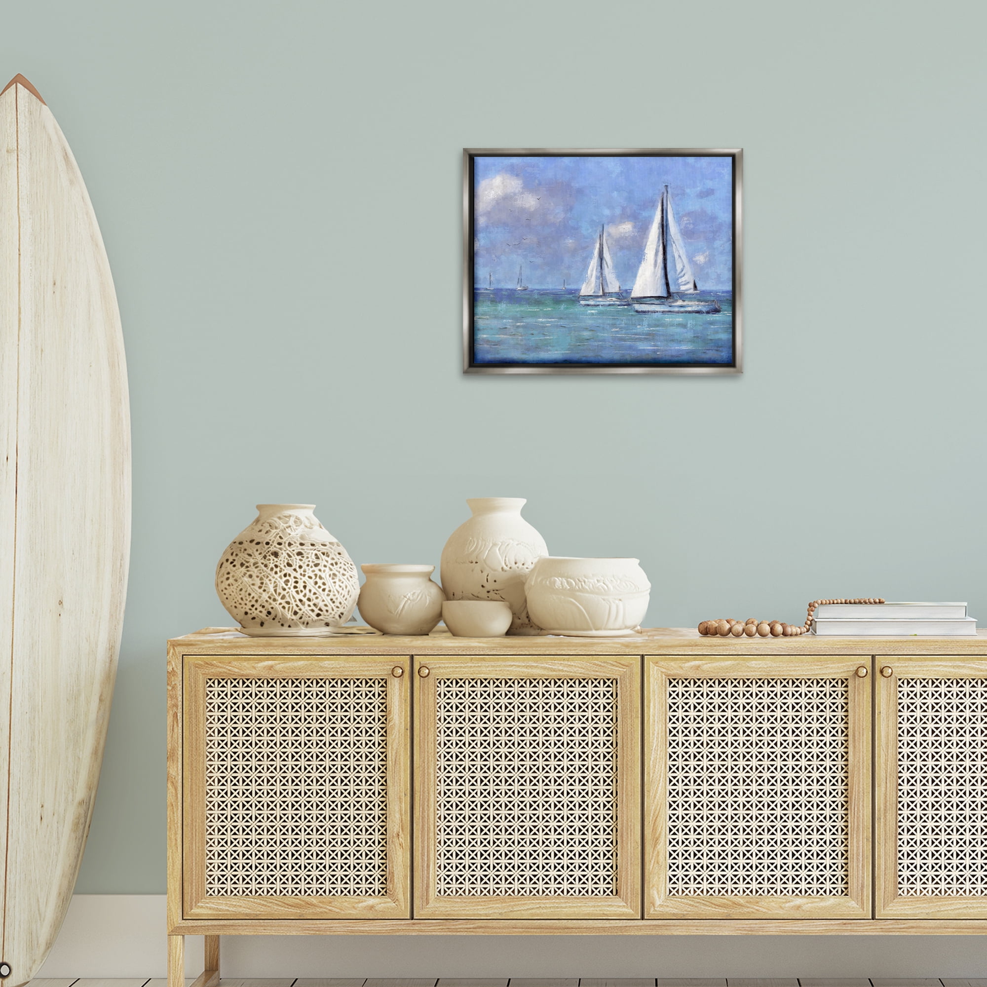 Stupell Industries Sailing Day Sailboats Landscape Painting Gray Floater Framed Canvas Art Print Wall Art, 21 x 17