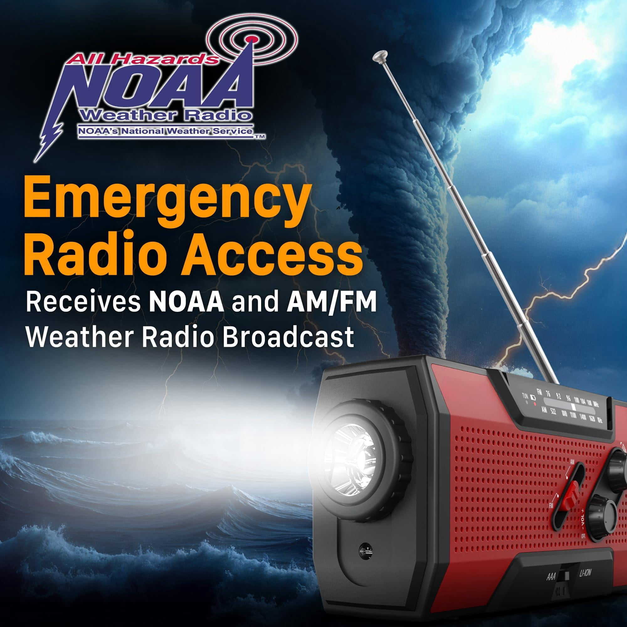 Noaa Emergency Weather Radio A1 7400mwh Portable Power  Am/fm Usb/solar/hand Crank Charging Operated Sos Alarm & Flashlight For Indoor/outdoor - Red