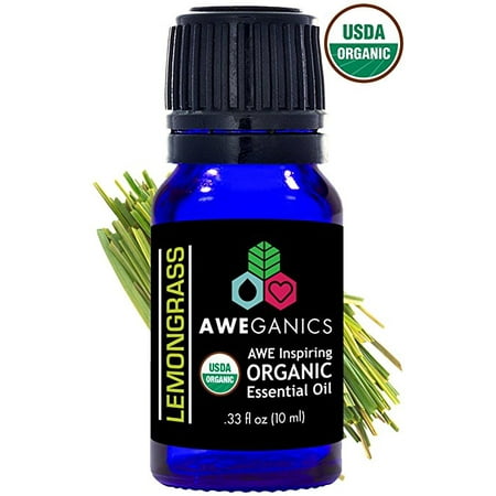 Aweganics Pure Lemongrass Oil USDA Organic Essential Oils, 100% Pure Natural Premium Therapeutic Grade, Best Aromatherapy Scented-Oils for Diffuser, Home, Office, Women, Men - 10 ML - MSRP