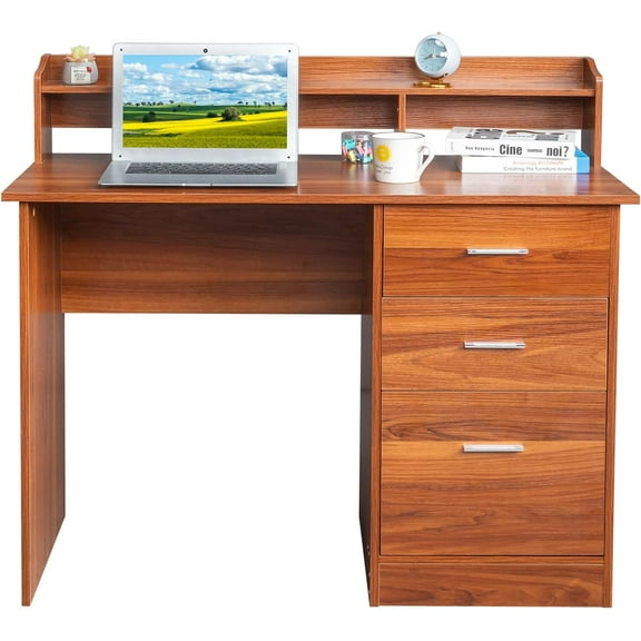 FCH Wooden Computer Desk with Drawers & Desktop Shelf, Multifunctional Workstation for Kids Teen, Wood Desk with Storage for Gaming, Studying, Home Office, Walnut