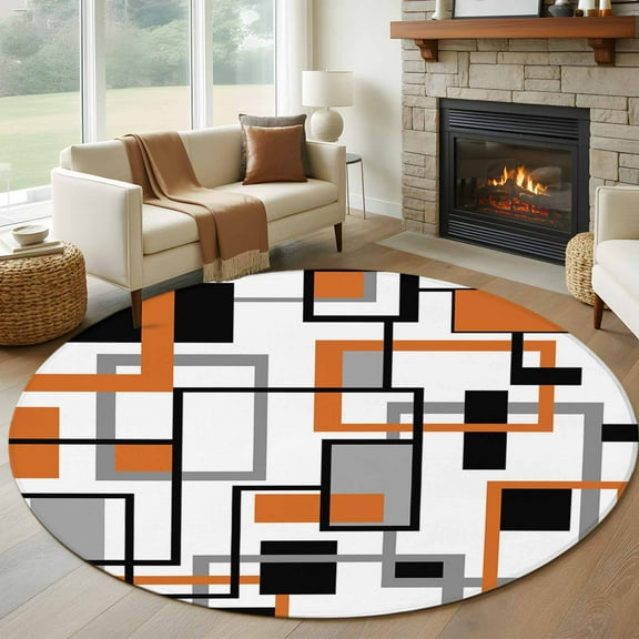 Orange Black Grey Geometric Round Area Rug 5 FT, Non Slip Bedroom Area Rug, Middle Century Modern Abstract Art Washable Soft Circular Carpet Floor Mat for Kitchen Dining Room Foyer Balcony Dorm