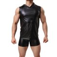 thumbnail image 1 of Men Leather Hooded T-shirt, Shiny Soft Leather, Sleeveless, Male Shaping Tank Vest, 1 of 7