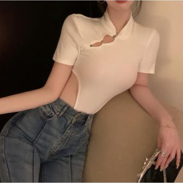 Monos de mujer VISgogo, monos de manga corta con cuello levantado, botones oblicuos huecos, peleles recortados en la cintura, ropa de una pieza VISgogo moda
