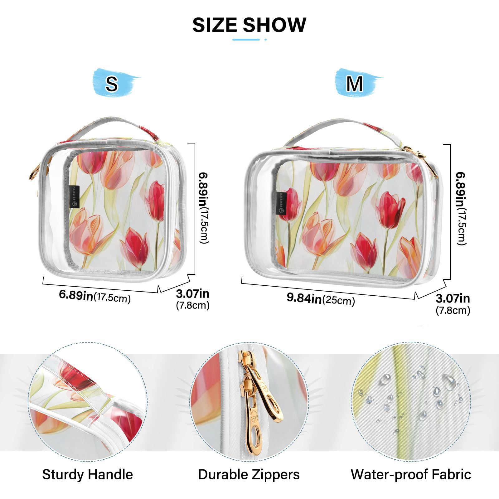Clear Makeup Bags with Handle Large Opening 2 Pack Set Toiletry Bag Quart Size Bag, for Women Man Traveling Travel Essentials, Toiletries and Other. Transparent Tulipa Red