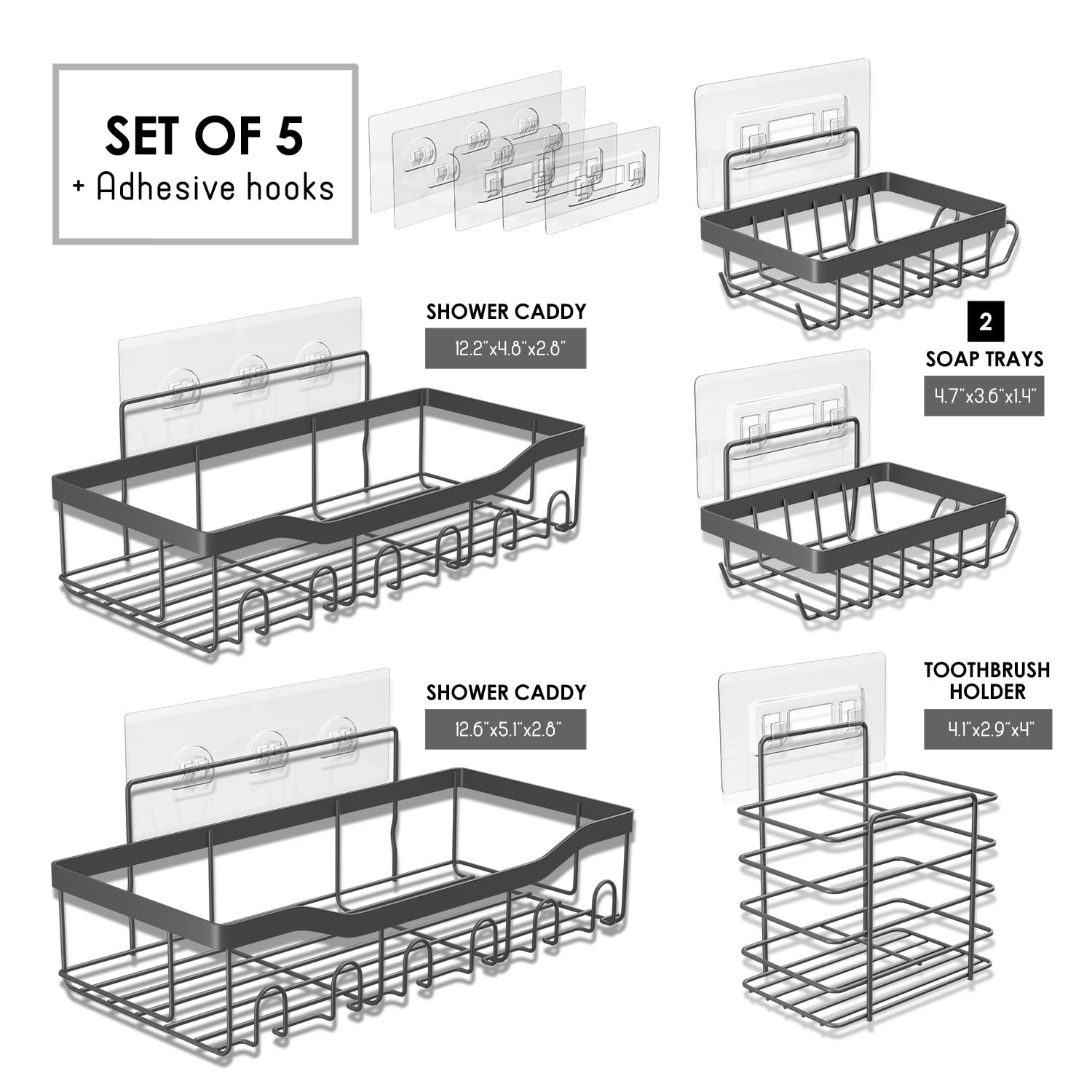 Virtu 5 Pack Adhesive Steel  Shower Caddy Organizer, Heavy Duty Stainless Steel Rustproof Shower Caddy, Gray