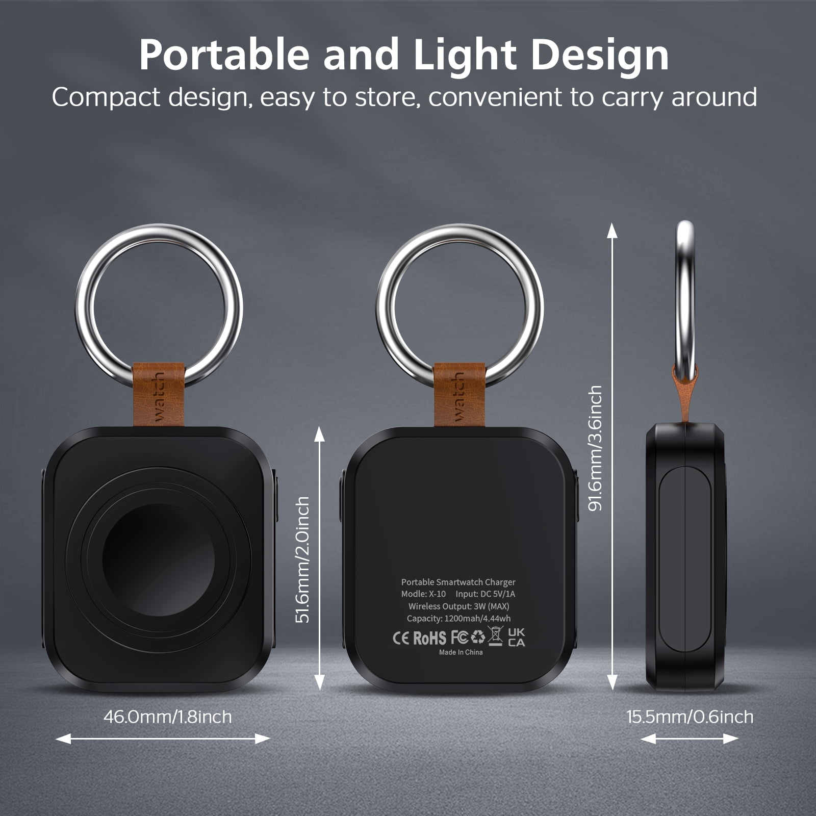 MYXON Apple Watch Charger, 1200mAh Wireless Portable Keychain Charger, Compatible with Series 11/10/9/8/7/SE/Ultra/Ultra 2/Ultra 3, Type-C & Usb