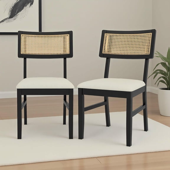 Resenkos Rattan Dining Chairs Set of 2, Fabric Upholstered Padded Seat, Solid Rubber Wood Legs, Boho Style Seating for Kitchen & Dining Room, Black