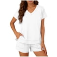 thumbnail image 2 of Women's Casual Short Sleeve Set V Neck Side Split T-Shirt Tops with Elastic Waist Shorts, Soft Breathable Daily Wear Sports Outfits White M, 2 of 5
