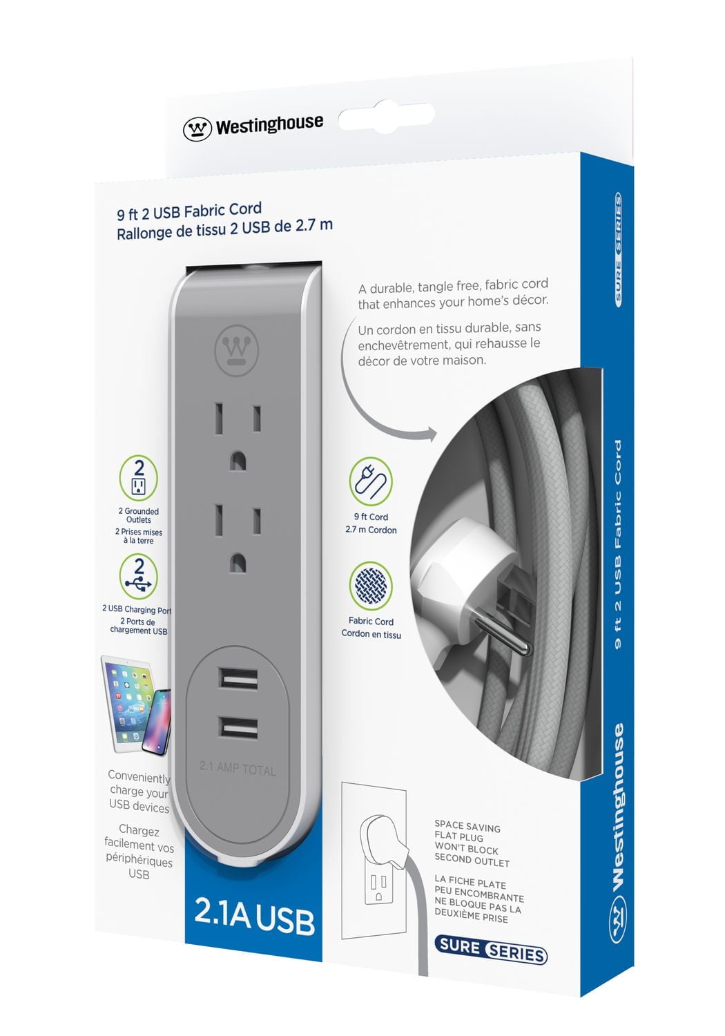 Westinghouse 9 pieds en tissu 2 sorties + 2 bandes USB