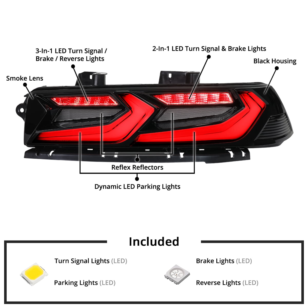 Spec-D Tuning Black Smoke Dynamic Full LED Tail Lights w/ Startup Animation Compatible with 2014-2015 Chevy Camaro, Left + Right Pair Assembly