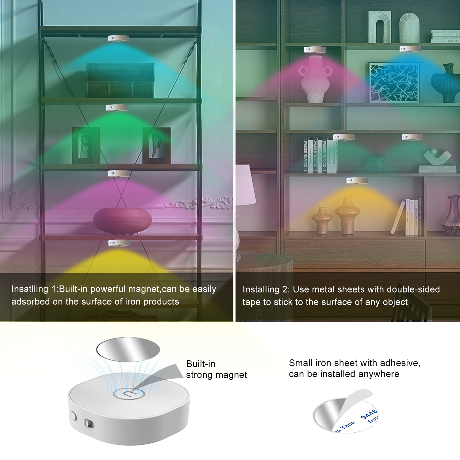4 Pcs Puck Lights with Remote, Rechargeable Touch Push Lights, 13 RGB Colors Led Under Cabinet Lighting, Stick on Closet Light for Kitchen, Pantry, Shelves (White)
