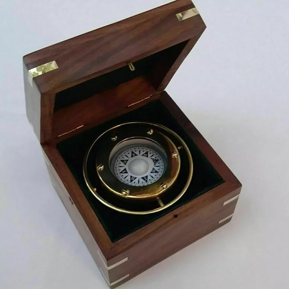 Nautical Marine Gimballed Ship Compass: Solid Brass in Elegant Wooden Box – Perfect Gift Item