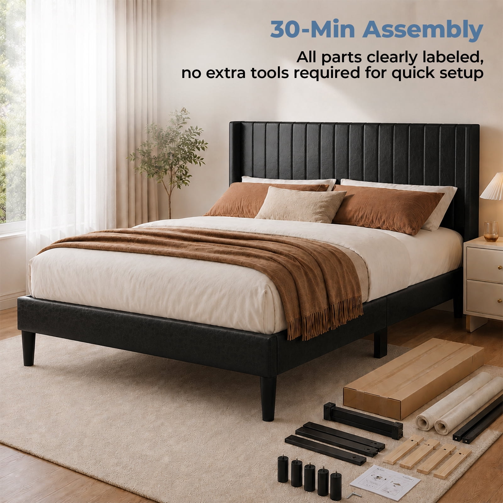 Alvantor Upholstered Bed Frame, Fabric-covered Wing-shaped Headboard and Wooden Crossbars, Bed Frame with Storage Space, Easy Assembly, Noise Free, No Box Spring Needed