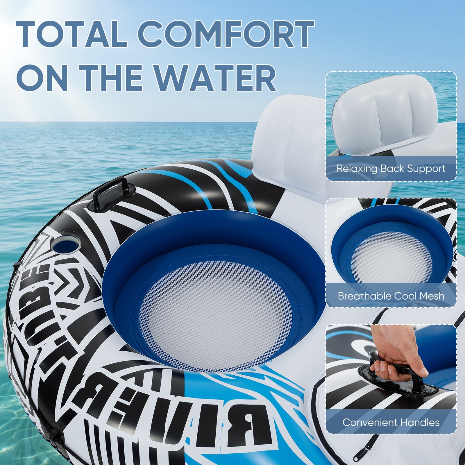 CONCETTA 2 Person Inflatable River Tube Float with Cooler & Enhanced Backrest, Quick Inflate Pool Lake Raft Lounger, Blue & White