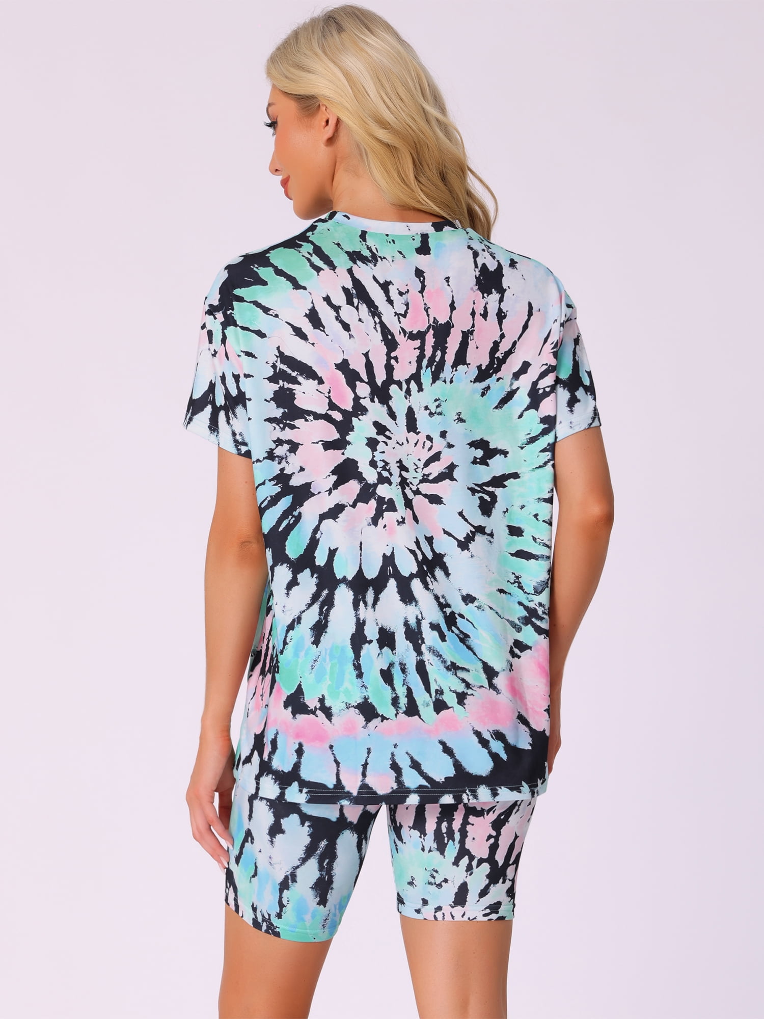 DARING DIVA Sport Sweatsuit Tie Dye Pullover Top Biker Shorts Pajama Set XS Blue Pink