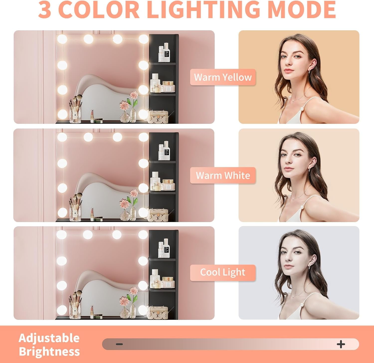 Makeup Vanity Desk with Mirror and Lights, NEORIVER Black Vanity Mirror with Lights with Large Drawer and 6 Level Storage, Black Vanity with Large Led Mirror with 3 Color Lighting Modes