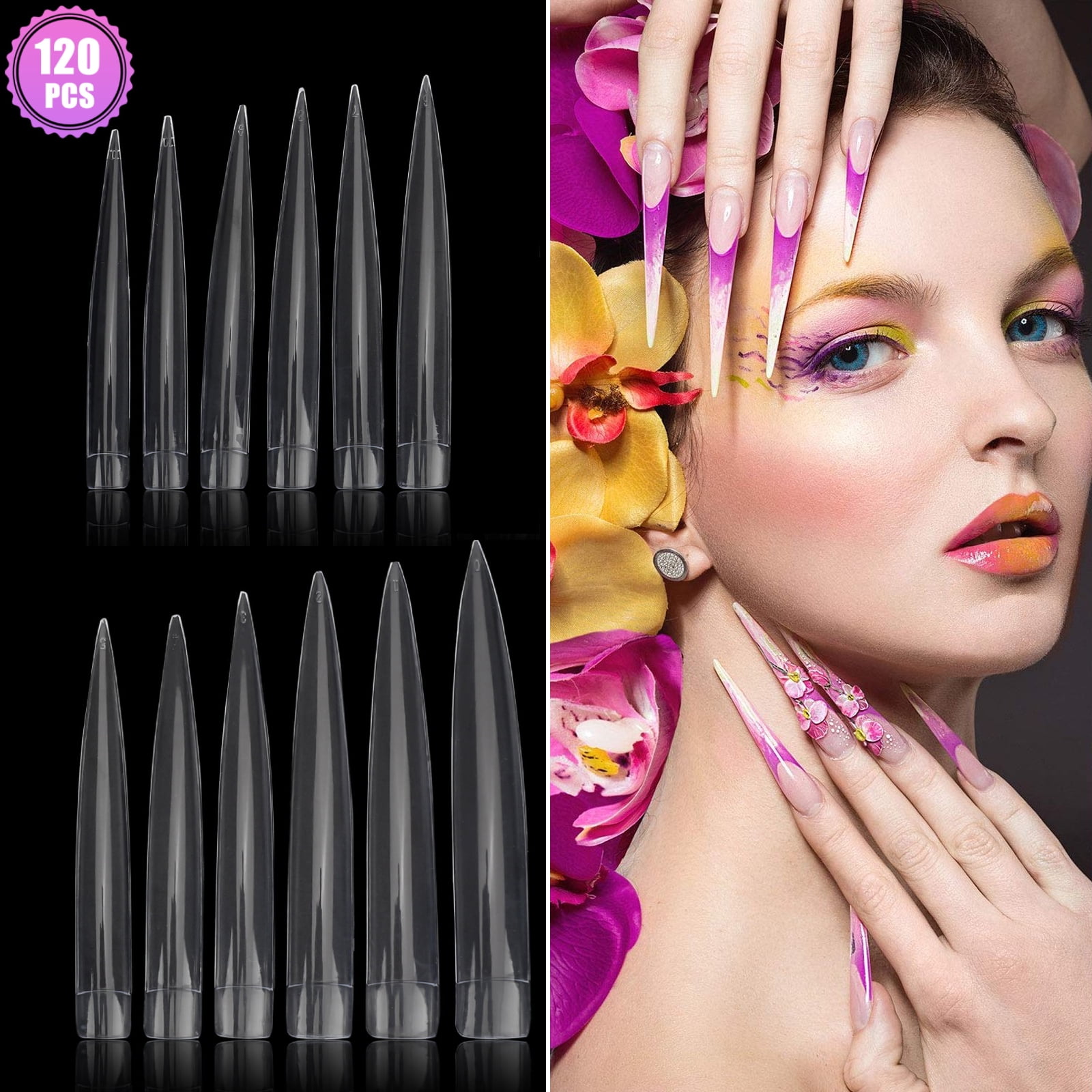 Eeekit Stiletto Extra Long Sharp False Clear Acrylic 12 10 Sizes Half Cover French Fake Nail Tips For Salons And Diy Nail Art At Home 1 100 Pieces Walmart Com