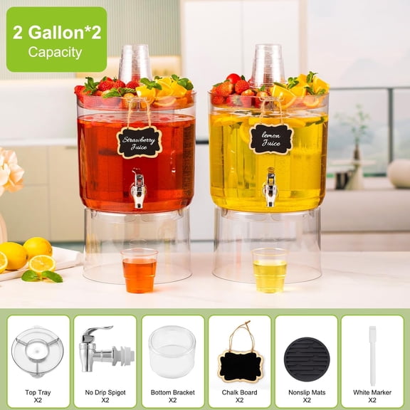 2 Gallon Beverage Dispenser 2 Pack, Drink Dispenser with Stand and Multi-Function Lid for Parties