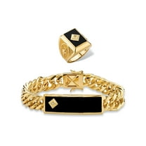PalmBeach Jewelry Men's Genuine Black Onyx and Diamond Accent 2-Piece Ring and Curb-Link Bracelet Set 8" Gold-Plated