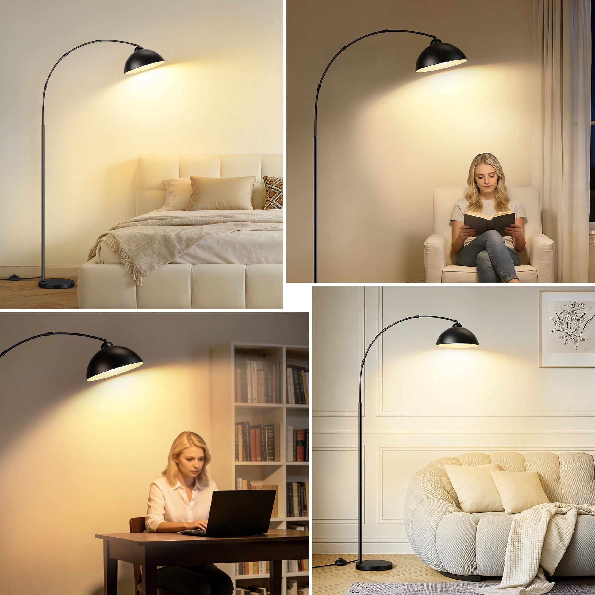 OUTON Arc Floor Lamp with Remote for Living Room, LED Dimmable Modern Standing Lamps with 4 Color Temperatures, Tall Light for Bedroom, Black