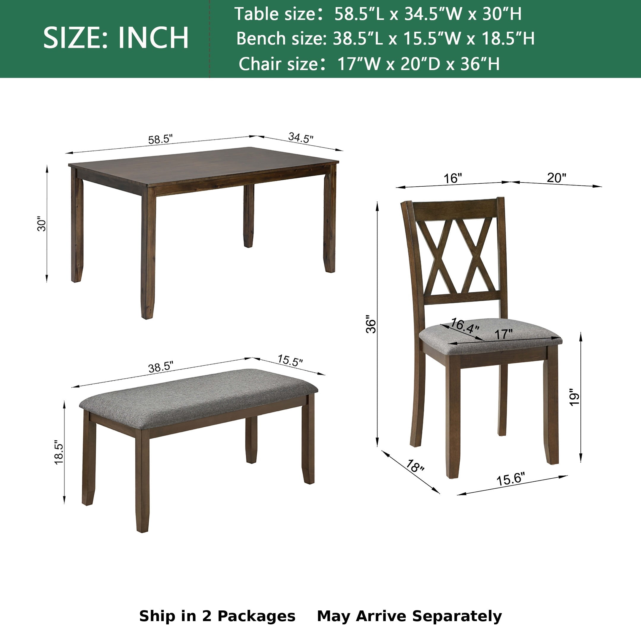 BSHTI 58.5" Acacia Wood & MDF 6-Piece Dining Table Set with Vertical X-Back Upholstered Chairs and Bench for Dining Room(Walnut)
