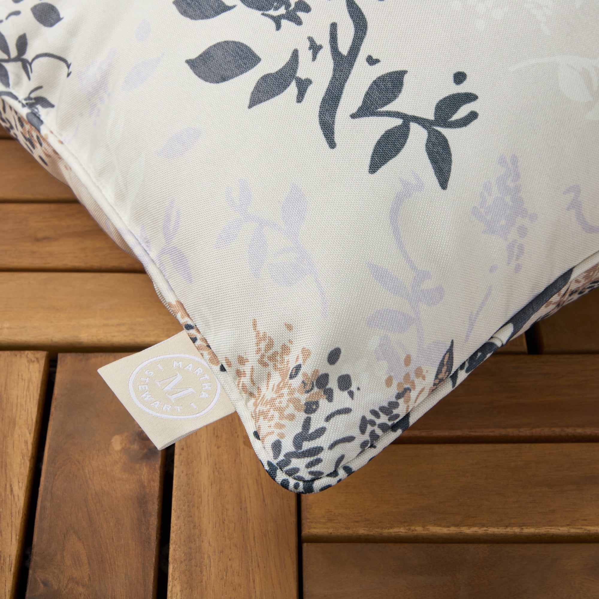 MARTHA STEWART Charming Foliage Indoor Outdoor Decorative Pillow 2-Pack Set, UV Fade Resistant, Water Repellent, Printed Floral Design, Warm Grey, 18"x18"
