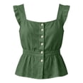 thumbnail image 4 of FDGIU Women's Square Neck Ruffle Strap Sleeveless Peplum Tank Top, Solid Cotton Linen Woven Front Button Elastic Waist Cropped Casual Blouse, 4 of 7