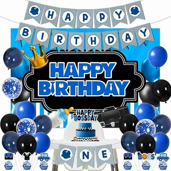 Boss Baby 1st Birthday Party Decorations, Blue & Black Happy Birthday Backdrop, High Chair Banner, Cake Toppers, Latex Balloons