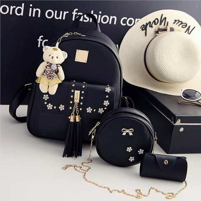 Langgg 3PCS Women's Backpack Set Cute PU Leather Tassel Bag Bow Shoulder Bag and Card Case