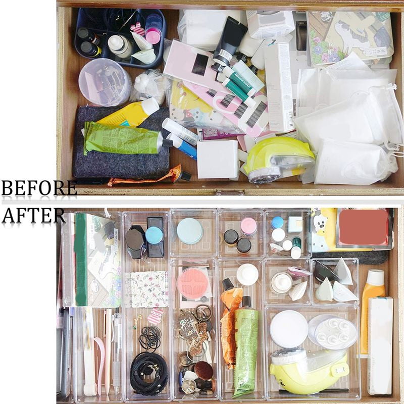 10 Pack 12 x 3 2 Inch Clear Drawer Organizer Trays, Desk Divider Storage Bins, Box Set for Kitchen