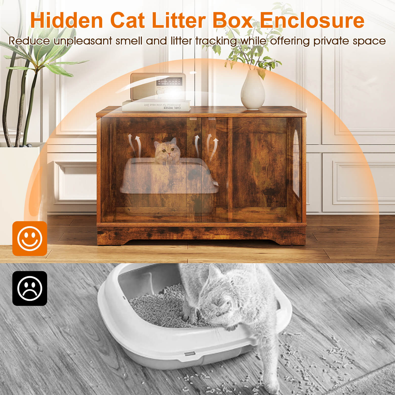 Costway Cat Litter Box Enclosure Furniture with Double Doors Divider Side Entry for Cats Brown