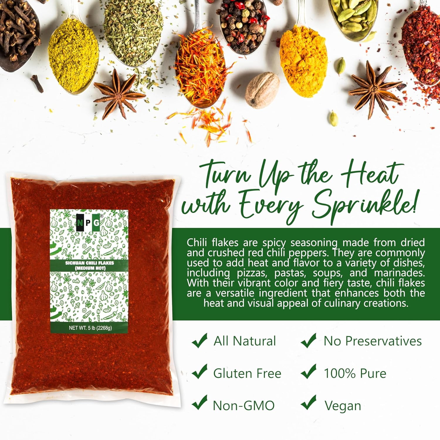 NPG Authentic Sichuan Chili Flakes 5 LB Bulk, Medium Hot, Szechuan Crushed Red Pepper Flakes Bulk, Essential Spice Seasoning for Making Kimchi, Chili Oil, Stir-fry, Pizza, Salads, and Tacos
