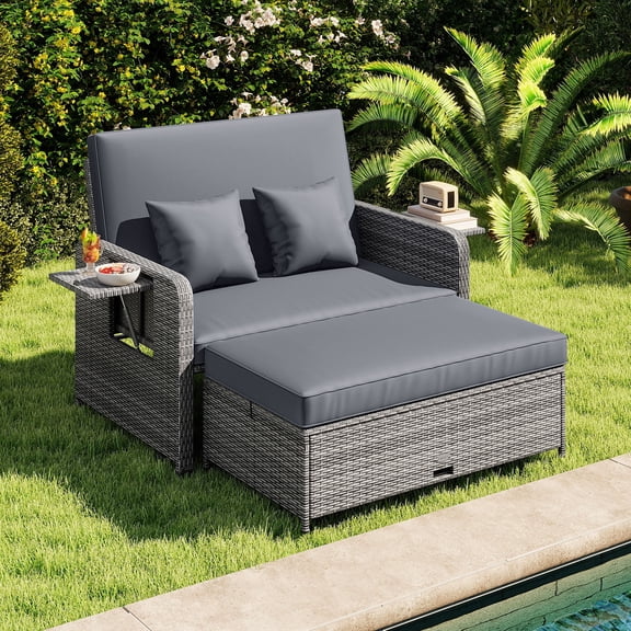Spaco Wicker Loveseat Sofa with Multipurpose Ottoman and Retractable Side Tray-Gray, Wicker Furniture Conversation Sets, Coffee Table for Garden, Poolside, Backyard