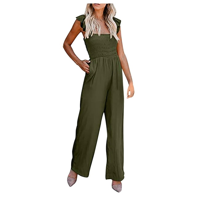 Combinaisons d'Été pour Femmes Décontractées à Smocks, à Volants, à Bretelles, Sans Manches, Pantalon à Jambe Grand, Combinaisons/rompers avec Poches