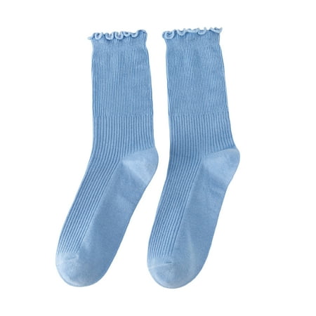 

UDIYO 1 Pair Japanese Style Ribbed Solid Color Thermal Socks Spring Autumn Women Ruffle Cuffs Mid-Tube Socks
