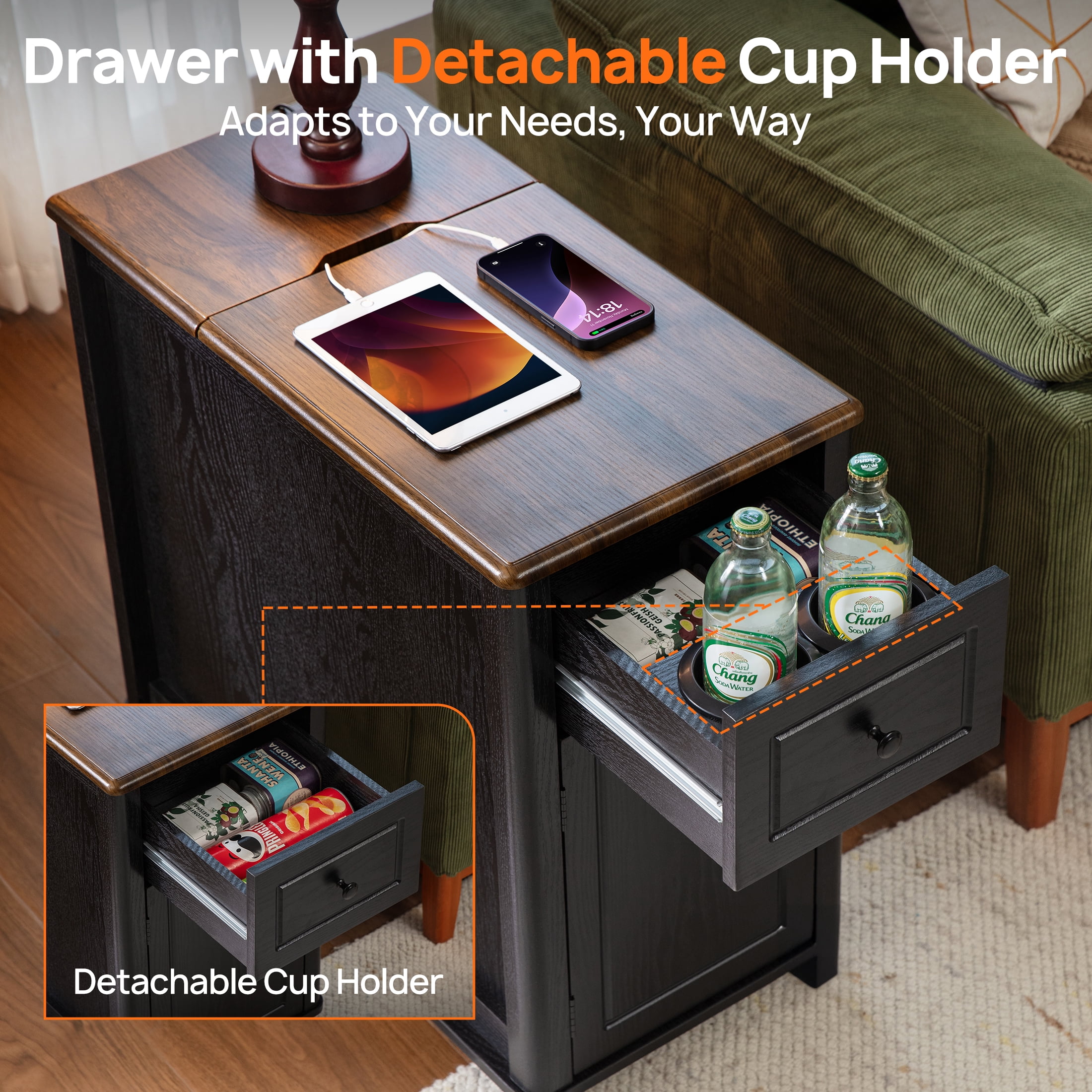 CHIC HOUSE End Tables for Living Room with Charging Station, Farmhouse Nightstand for Bedroom with Drawer Storage, Narrow Side Tables Accent Tables, Small Tables for Small Spaces, Black