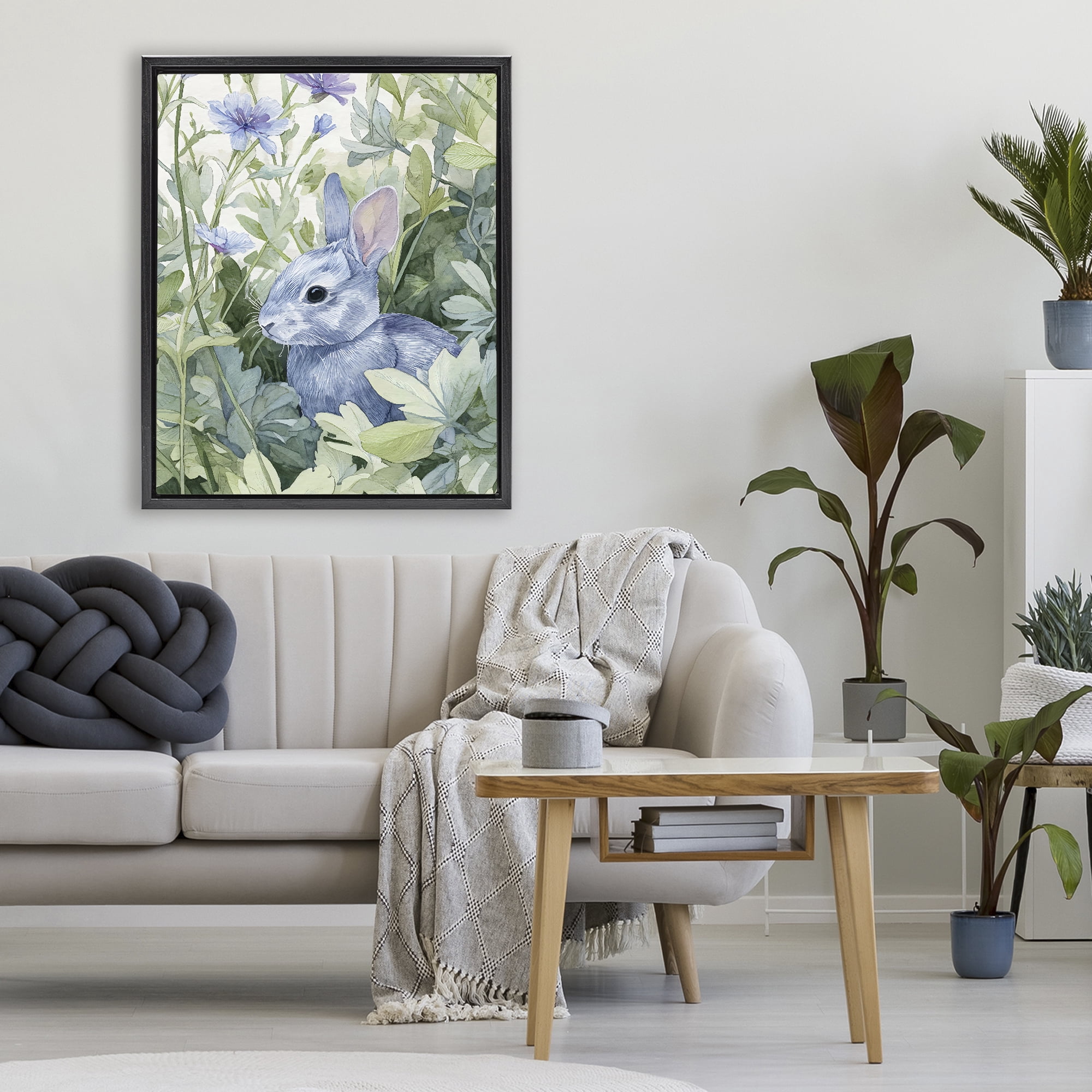 Stupell Industries Blue Bunny Among Leaves Black Framed Floater Canvas Wall Art, design by Franklyn Gregory