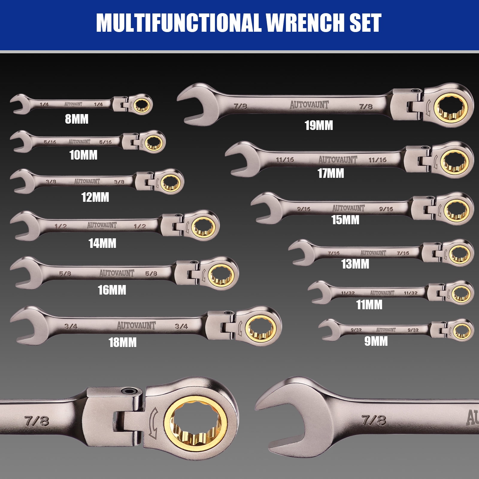 12-Piece SAE Flex-Head Ratcheting Wrench Set with Organizer | 1/4” to 7/8“ Ratchet Combination Wrenches Set | 72-Teeth | Chrome Vanadium Steel
