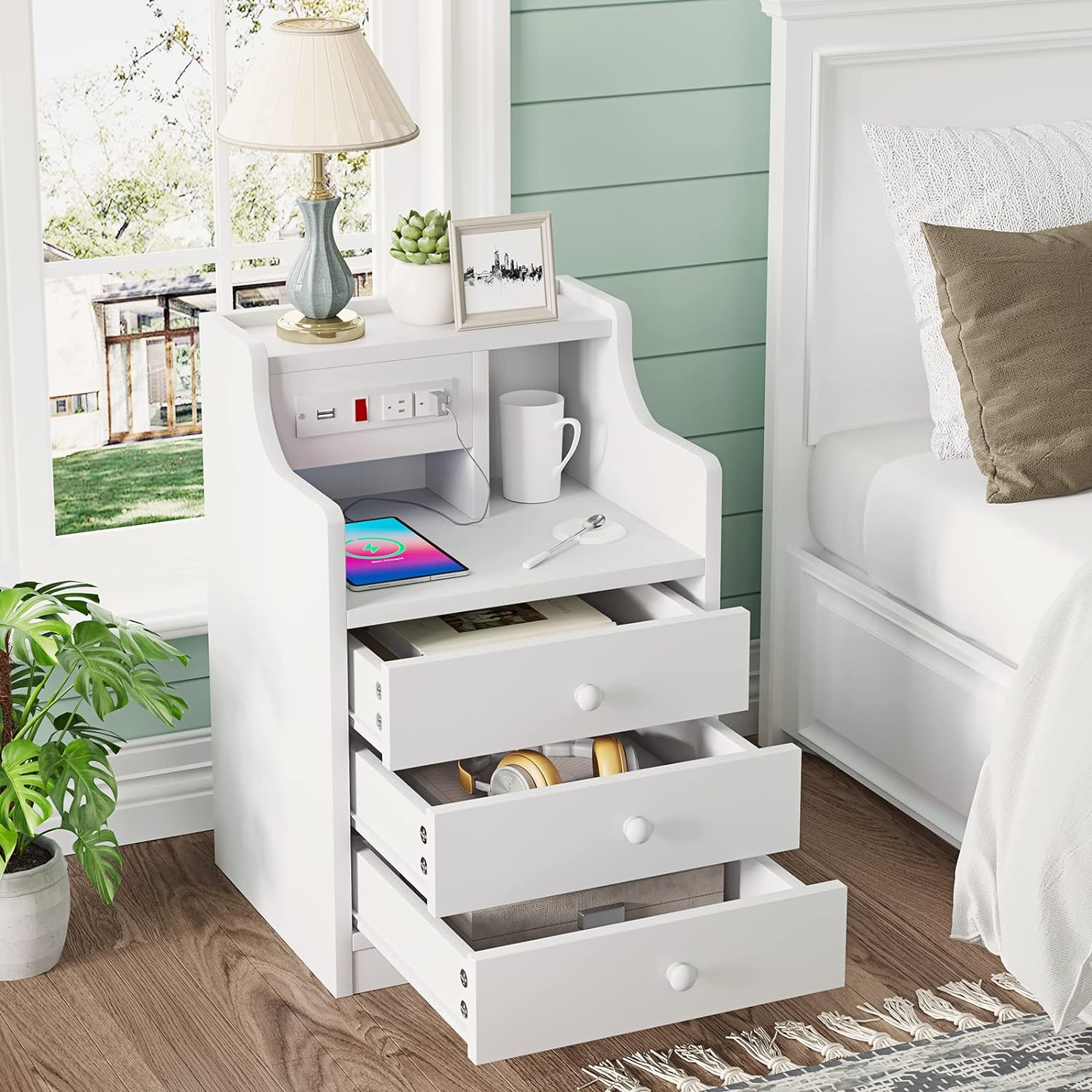 Nightstand with Charging Station, Smart Bedside Table, End Side Table with Drawers for Bedroom, White