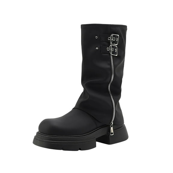 Black Ladies Boots With Belt Buckle And Round Toe For A Stylish And Comfortable Winter Shoe Option