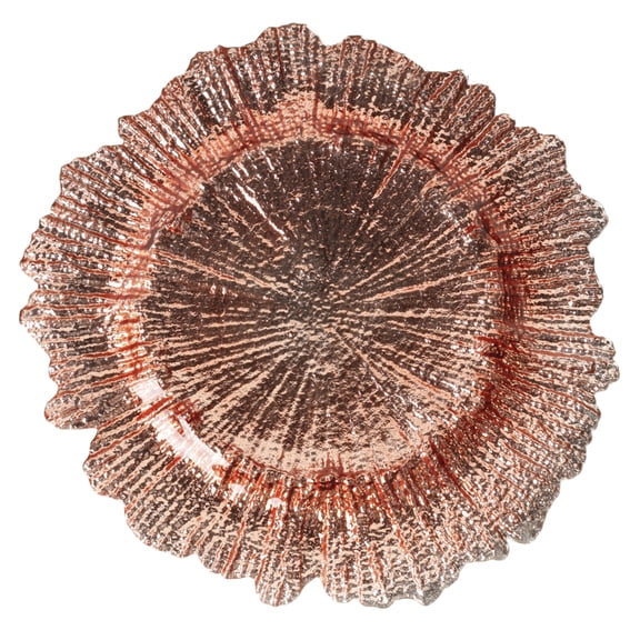 Koyal Wholesale Bulk Flora Glass Charger Plates, Set of 4, Rose Gold, Starburst Charger Plates, Reef Charger Plates