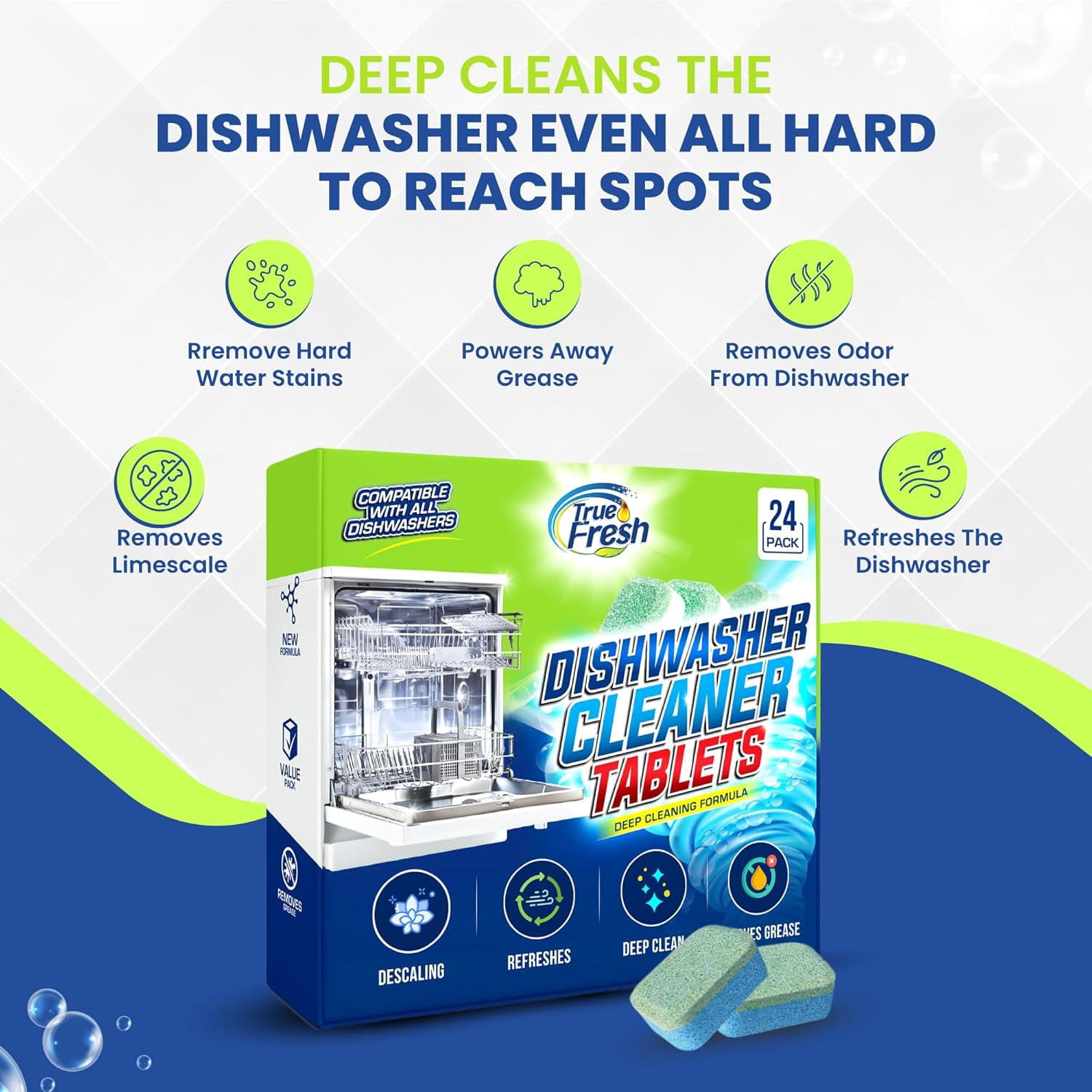 Dishwasher Cleaner & Deodorizer Tablets, 24-Pack Dishwasher Maintenance Tablets for Interior, Pump, Filter, Spray arm & Drain, Helps Remove Grease, Limescale & Mineral Buildup 1-Year Supply