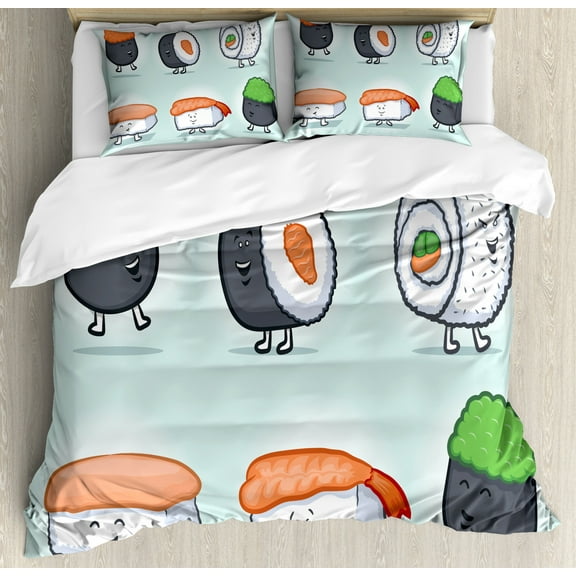 Wasabi Duvet Cover Set King Size, Funny Cartoon of Happy Sushi Characters Japanese Traditional Cuisine, Decorative 3 Piece Bedding Set with 2 Pillow Shams, Pale Turquoise Multicolor, by Ambesonne