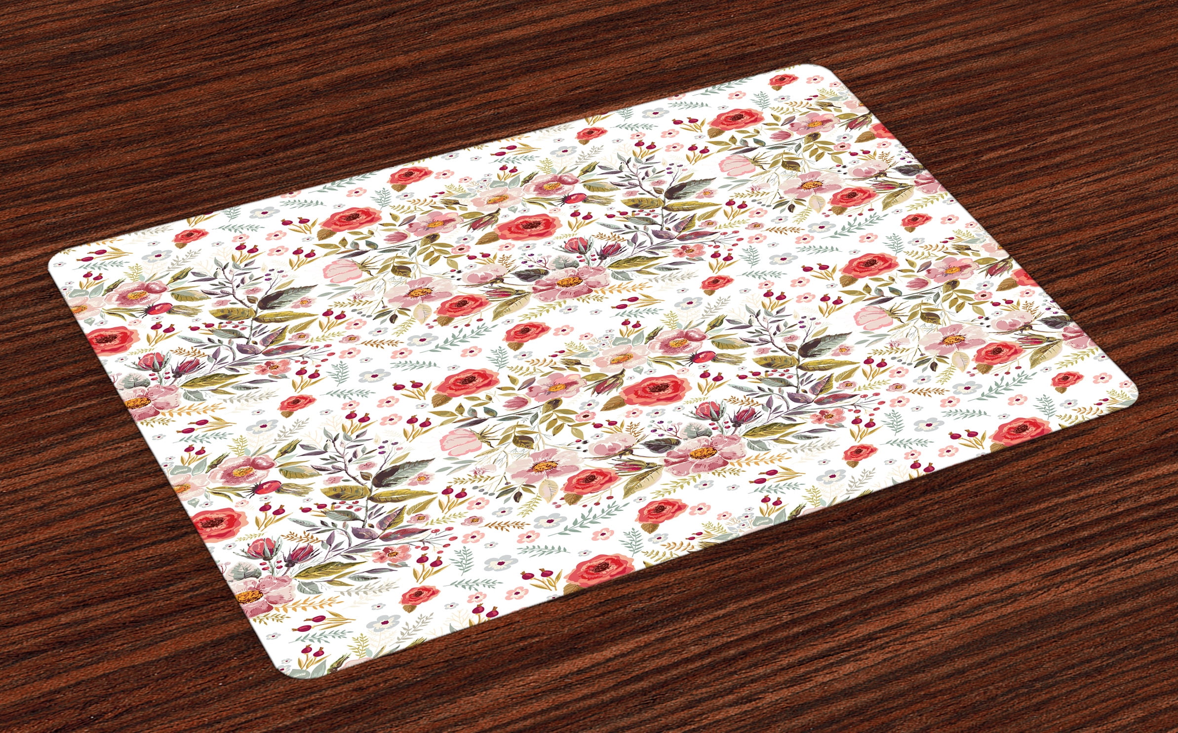 Flower Placemats Set of 4 Hand Drawn Romantic Flowers and Leaves Spring