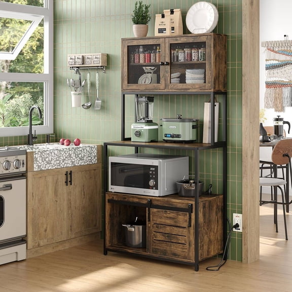 6-Tier Kitchen Baker's Rack with Power Outlets, Industrial Microwave Stand with Shelves and Cabinet, Standing Storage Rack (Brown)